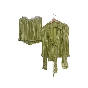 2-Piece Set Womens Size L Olive Green Pleated Wrap Blouse